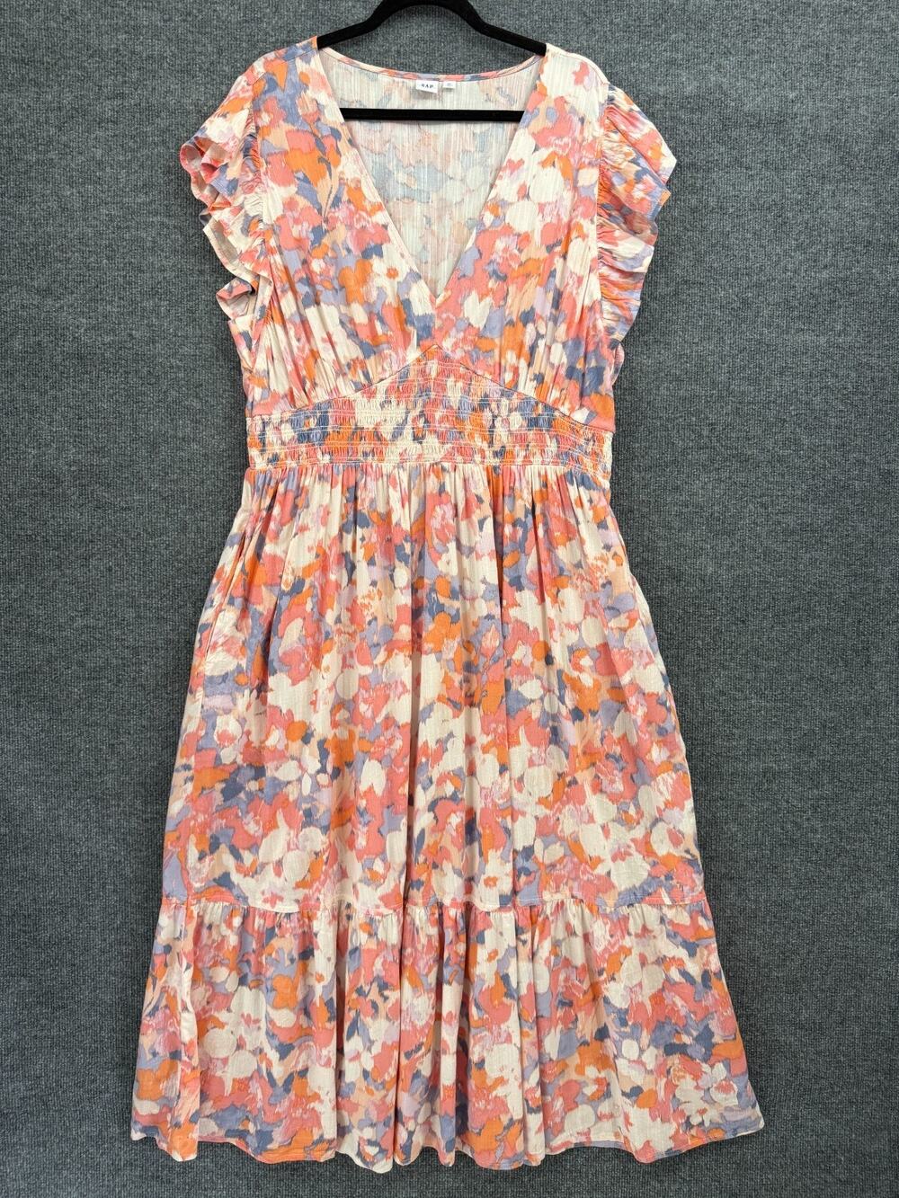 Gap Womens Floral Midi Dress Size XXL Multicolor Pastel Smocked Flutter Sleeve